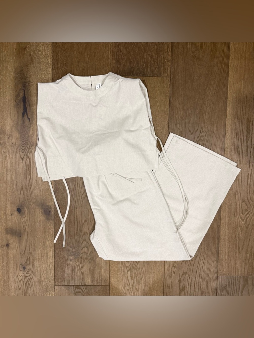 COMMENSE Utility Linen Two-Piece Wide Leg Pants Set - Ivory/Beige - XL - Picture 3 of 10